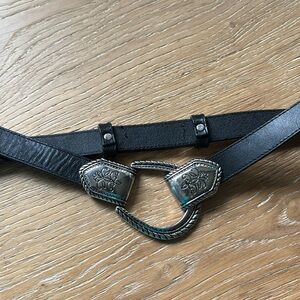 Chicos Adjustable Black Leather Belt Womens ML silver scroll design Western Boho